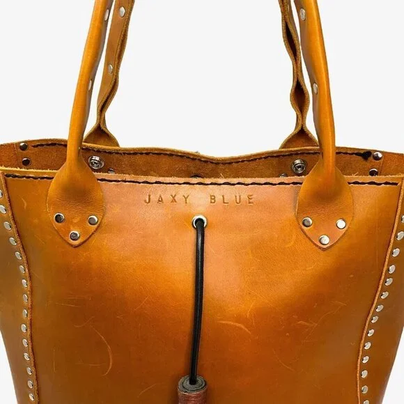 Jaxy Blue Medium Leather Tote Bag Brown Handmade Studded Western Tassel Pocket - Picture 4 of 14